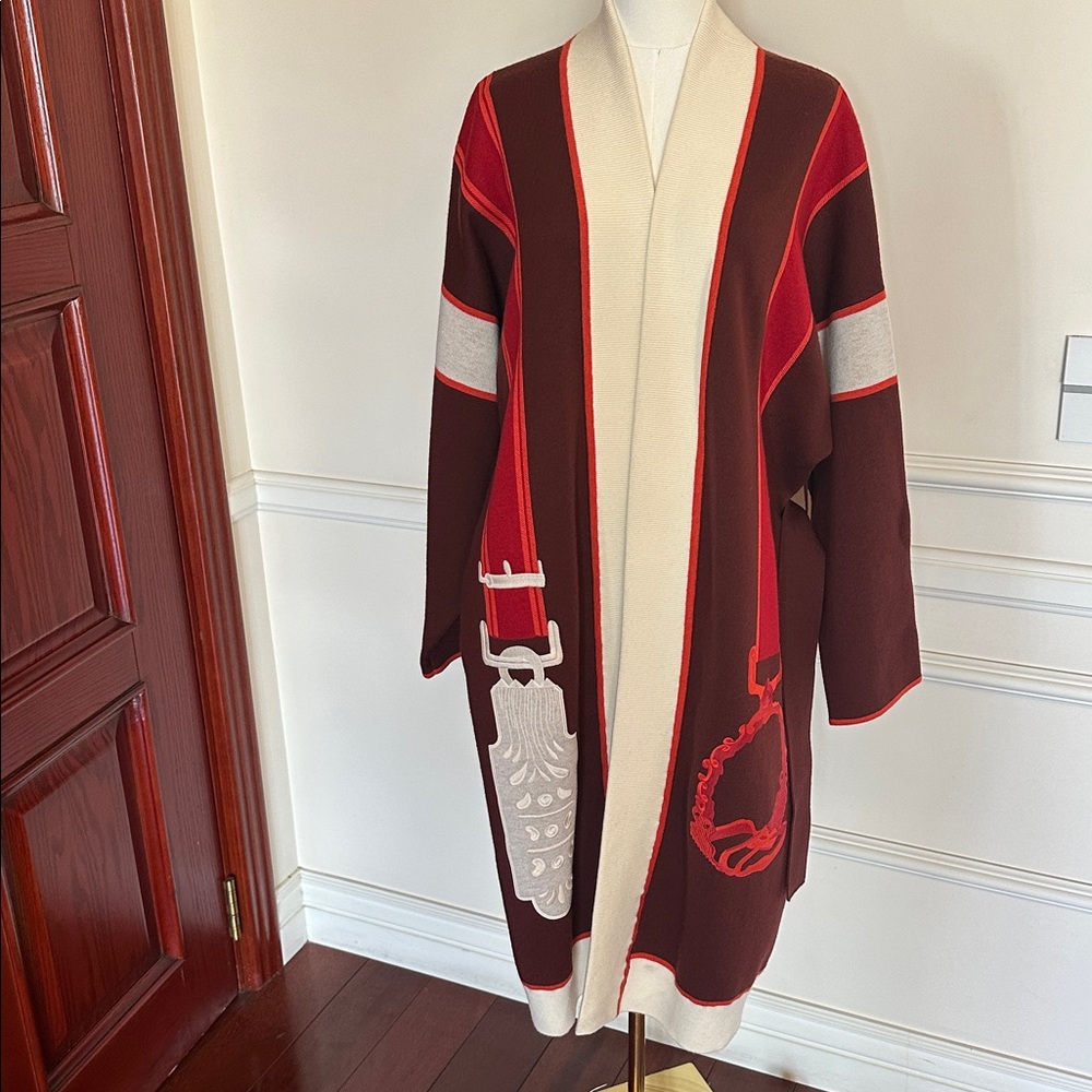 Hermes Gilet long Red and Cream Open Front Cardigan